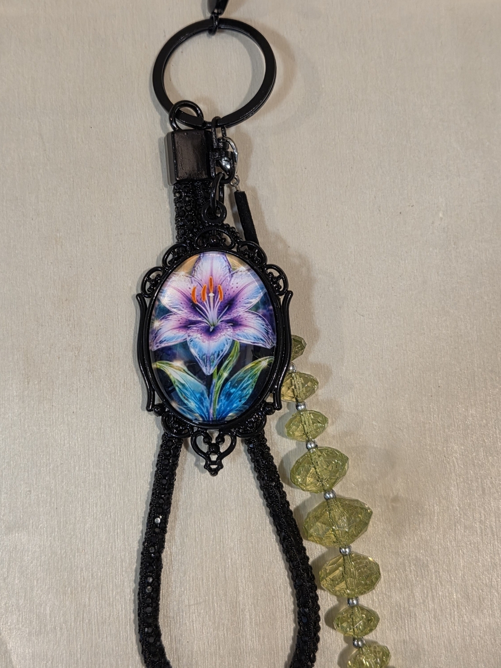 Luxury Purple Lily Cameo Keychain Bling Bag Charm Black & Green